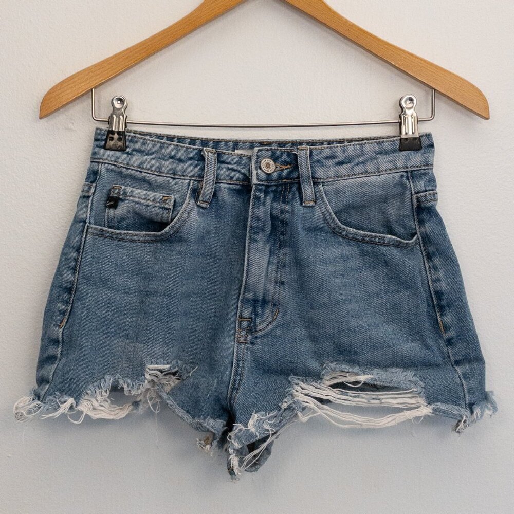 KanCan High Rise Distressed Denim Shorts Size 3/25 Frayed Raw Hem Cutoff